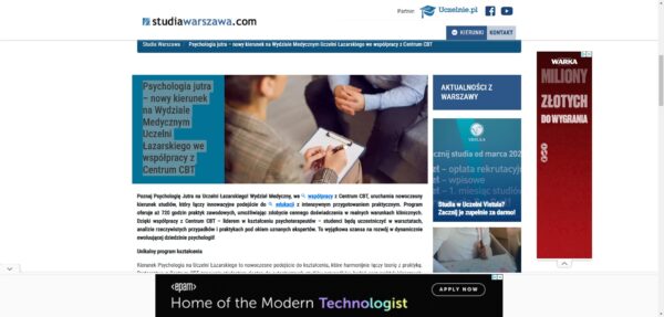 Psychologia jutra – nowy kierunek na Wydziale Medycznym Uczelni Łazarskiego we współpracy z Centrum CBT